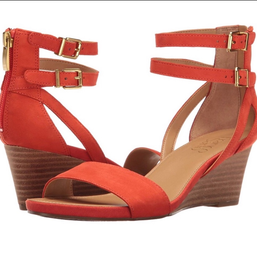 🏷SOLD Franco Sarto NWOT Orange Suede Danissa Ankle Buckle Wedge Sandal 9.5 - Picture 2 of 12